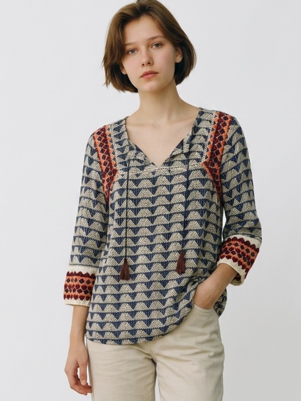 Lucky Brand Boho Embroidered Peasant Top Size L Tribal Tassel